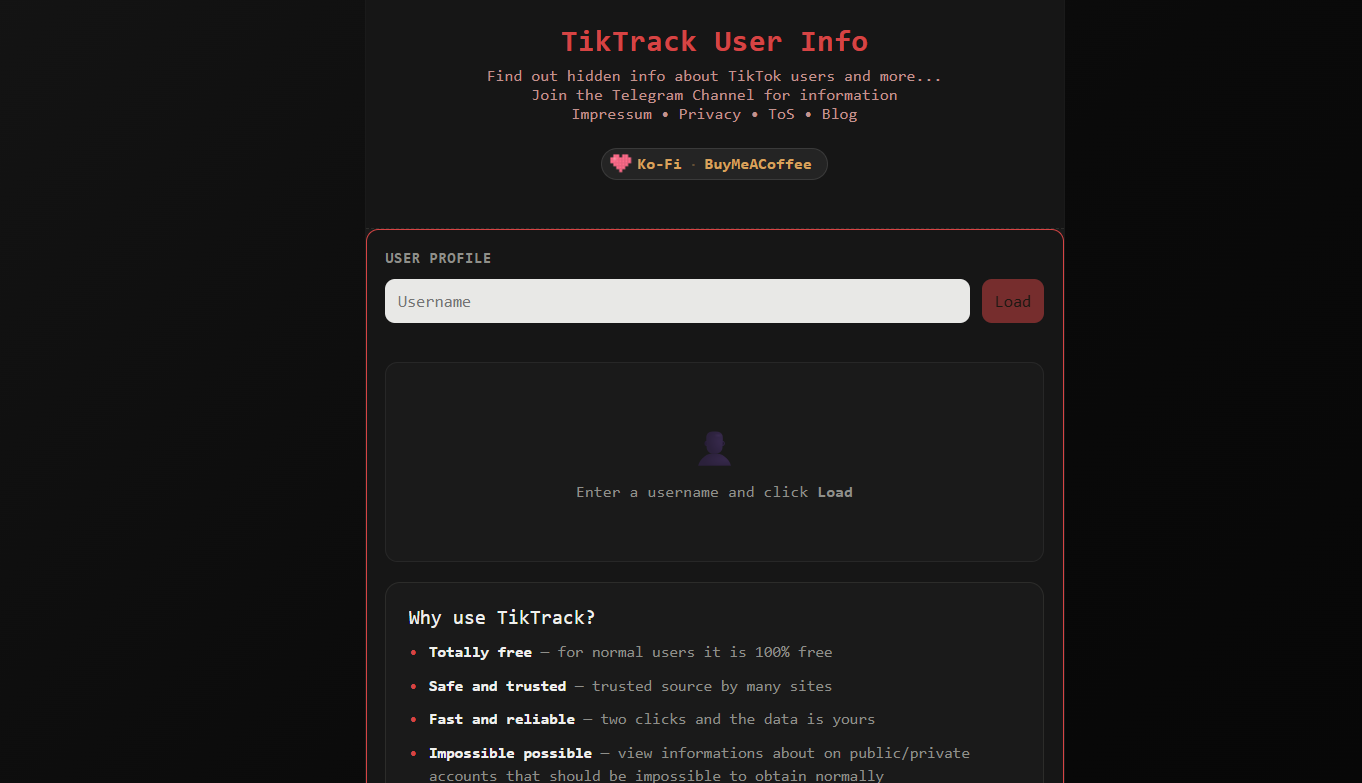 The TikTrack home dashboard showing username search bar and navigation tabs