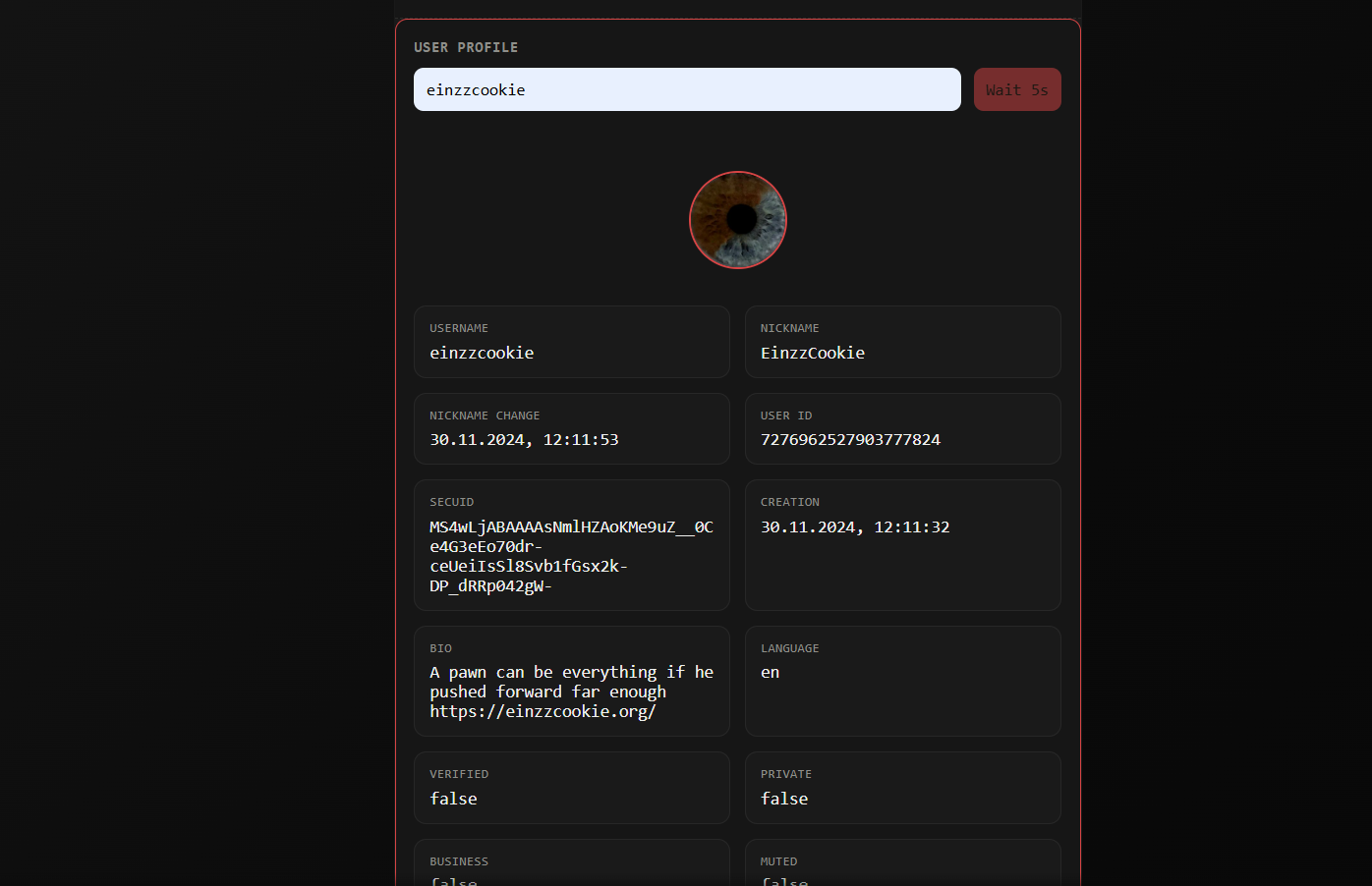 Extracted profile metadata results displaying HD avatars, UIDs and more...