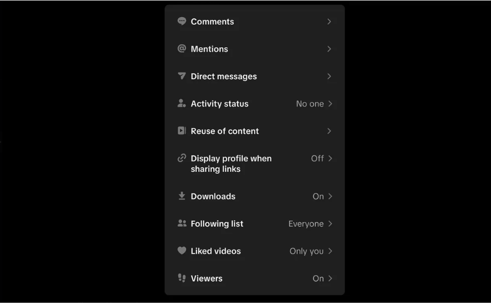 TikTok in-app site settings showing account and video privacy configurations