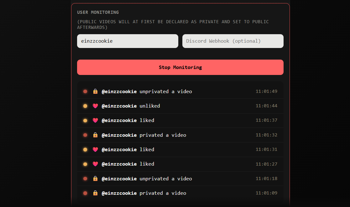 TikTrack User Monitoring tool showing live feed of likes, unlikes, story posts and privacy changes