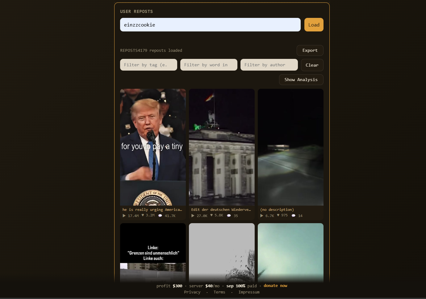 TikTrack User Reposts tool showing reposted videos, topics, mood tags and timestamps