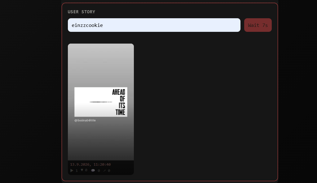 TikTrack User Story tool showing active stories, privacy level, and download links